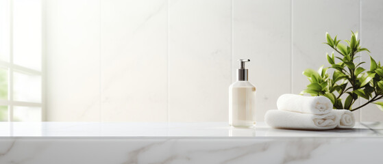 Fototapeta premium Mockup space for Montage product Minimalist white bathroom interior. Empty marble table top for product display with blurred bathroom interior background.