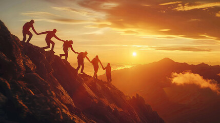 Fototapeta na wymiar Panoramic view of team of people holding hands and helping each other reach the mountain top in spectacular mountain sunset landscape. Business background 