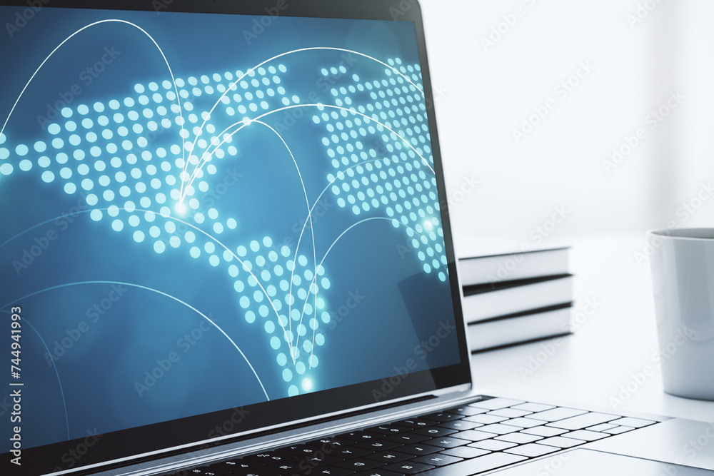 Aufkleber abstract creative world map with connections on modern laptop screen, international trading concept.