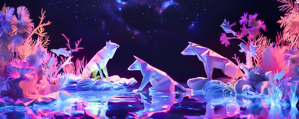 Origami animals in a mangrove ecosystem fluorescing in ultraviolet light from a nebula