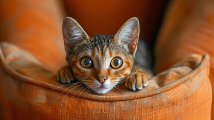 Cute Domestic Kitten Lounging on Orange Textured Sofa