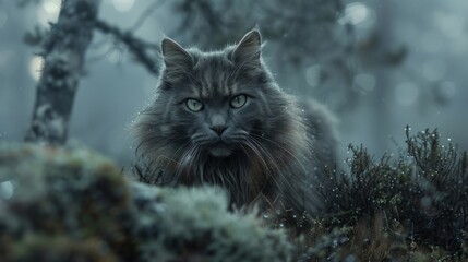 Naklejka na ściany i meble Majestic Long-haired Cat in Misty Forest Ambiance