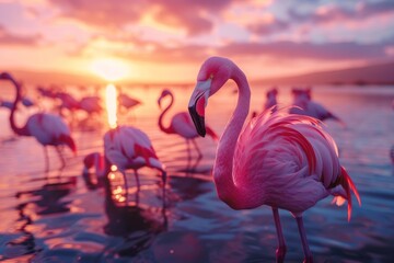 closeup shot at Flock of flamingos at sunset their pink hues mirrored in the calm waters of a serene lake creating a peaceful and picturesque scene documentary photo