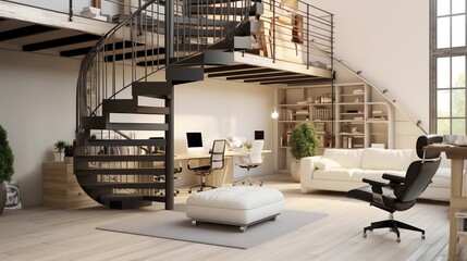 Fototapeta na wymiar Multi-functional Loft Space with Spiral Staircase Convert an unused loft space into a versatile area that serves as a home office
