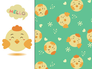 Seamless pattern with cute chick. Green background. Vector illustration in funny cartoon style.