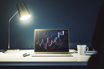 Modern computer screen with abstract creative financial chart, research and analytics concept. 3D...
