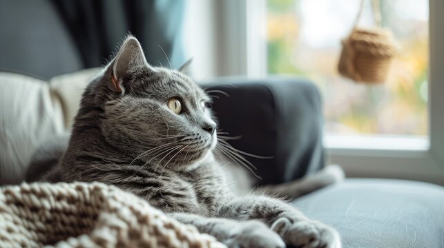 Serene Grey Tabby Cat Relaxing on Couch with Knitted Blanket