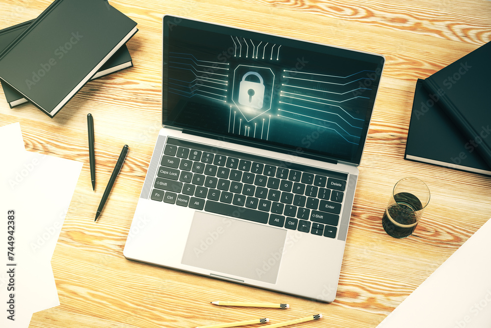 Poster Creative idea concept with lock symbol and microcircuit illustration on modern laptop screen. Protection and firewall concept. 3D Rendering
