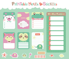 Kids weekly planner with cute fox, deer, sloth, frog.Set of kids weekly or daily planner, to buy, to do list, memo, notes and stickers with cute animals. Kids schedule design template.