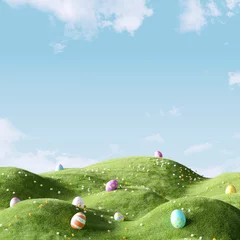 Papier Peint photo Couleur pistache Happy Easter day, colorful eggs and daisy flower on meadow under beautiful sky. 3d rendering
