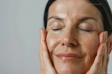 senior older woman with closed eyes touching her perfect face skin