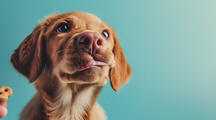 A beautiful red young dog or puppy is given a treat for exercise. Portrait, close up. Dog training concept on light green background. generative ai  - obrazy, fototapety, plakaty