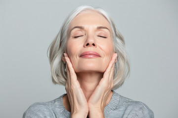senior older woman with closed eyes touching her perfect face skin - obrazy, fototapety, plakaty