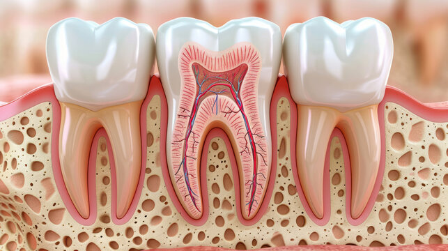 Cross section of a healthy human tooth and surrounding gums, highlighting the complex internal structure including the enamel,generative ai