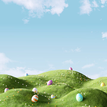Happy Easter day, colorful eggs and daisy flower on meadow under beautiful sky. 3d rendering