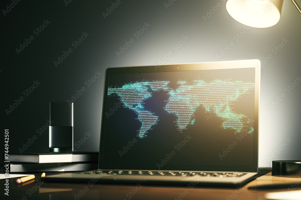 Leinwandbilder modern computer display with abstract graphic world map, big data and networking concept. 3d renderi