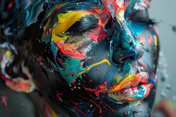 Close-up portrait of a face covered in vibrant splashes of paint, blending human features with abstract art expression