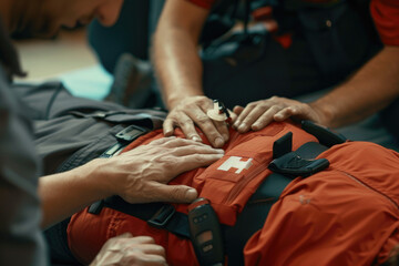 hands of a paramedic doing chest compression during the training indoors, learning how to make first aid - obrazy, fototapety, plakaty