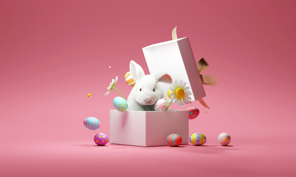 Happy Easter day, Bunny in gift box with eggs. 3d rendering