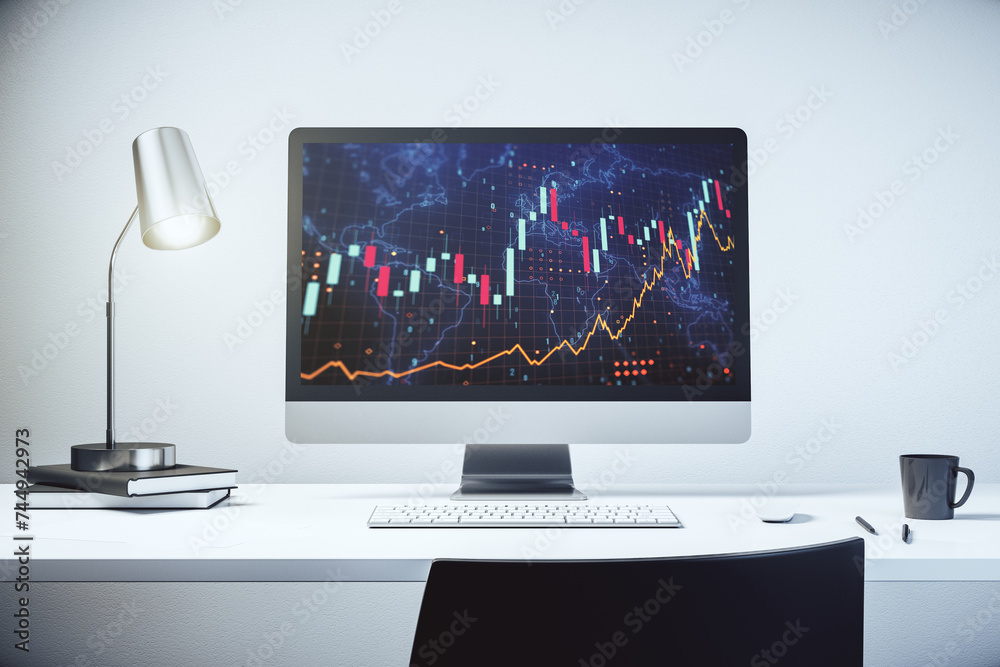 Poster Abstract creative financial graph with world map on modern laptop screen, forex and investment concept. 3D Rendering
