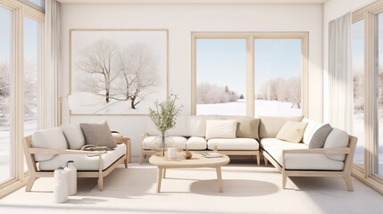 Nordic Light-Filled Lounge Create a light-filled minimalist sunroom inspired by Nordic design - obrazy, fototapety, plakaty