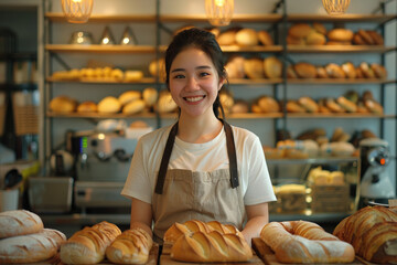 smiling young woman standing with fresh bread at her bakery shop - Powered by Adobe