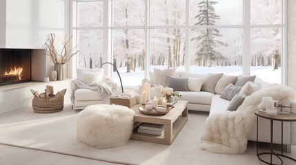 Fototapeta na wymiar Nordic-inspired Winter Wonderland with Faux Fur Throws and Scandi Decor Embrace the beauty and simplicity of Nordic design with a winter wonderland-inspired living room that's cozy and inviting