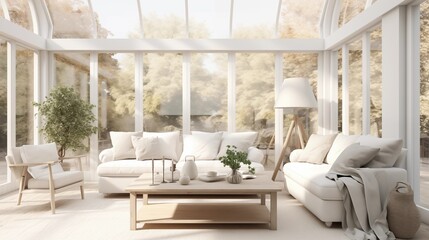 Nordic Light-Filled Lounge Create a light-filled minimalist sunroom inspired by Nordic design - obrazy, fototapety, plakaty