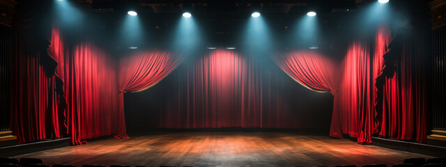 Classic Theater Scene, A vintage theater stage with imposing red curtains and a bare background - obrazy, fototapety, plakaty