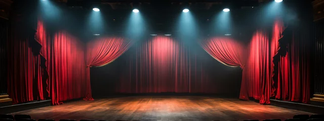 Classic Theater Scene, A vintage theater stage with imposing red curtains and a bare background © Raffaza