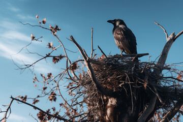 Obraz premium A black crow's nest, located on top of a bare tree, with a blue sky in the background