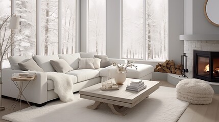 Nordic-inspired Winter Wonderland with Faux Fur Throws and Scandi Decor Embrace the beauty and simplicity of Nordic design with a winter wonderland-inspired living room that's cozy and inviting