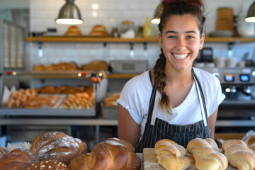 smiling young woman standing with fresh bread at her bakery shop - obrazy, fototapety, plakaty