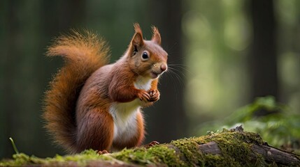 Naklejka na ściany i meble A humorous red squirrel is seen standing alone in a woodland setting.