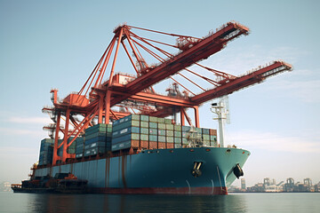 a boat carrying cargo with cranes for lifting up c