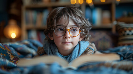 A focused child reading a book while wearing clear and comfortable glasses,generative ai