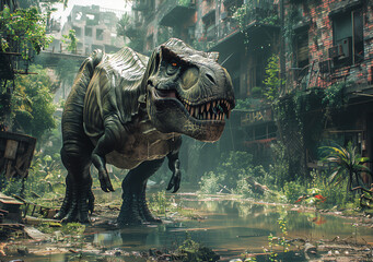 Large Tyrannosaurus Rex dinosaur on the hunt walking by abandoned buildings