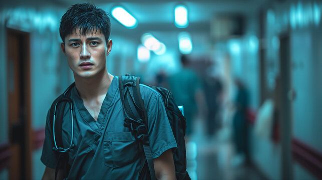 Exhausted medical intern in a hospital hallway after a long shift