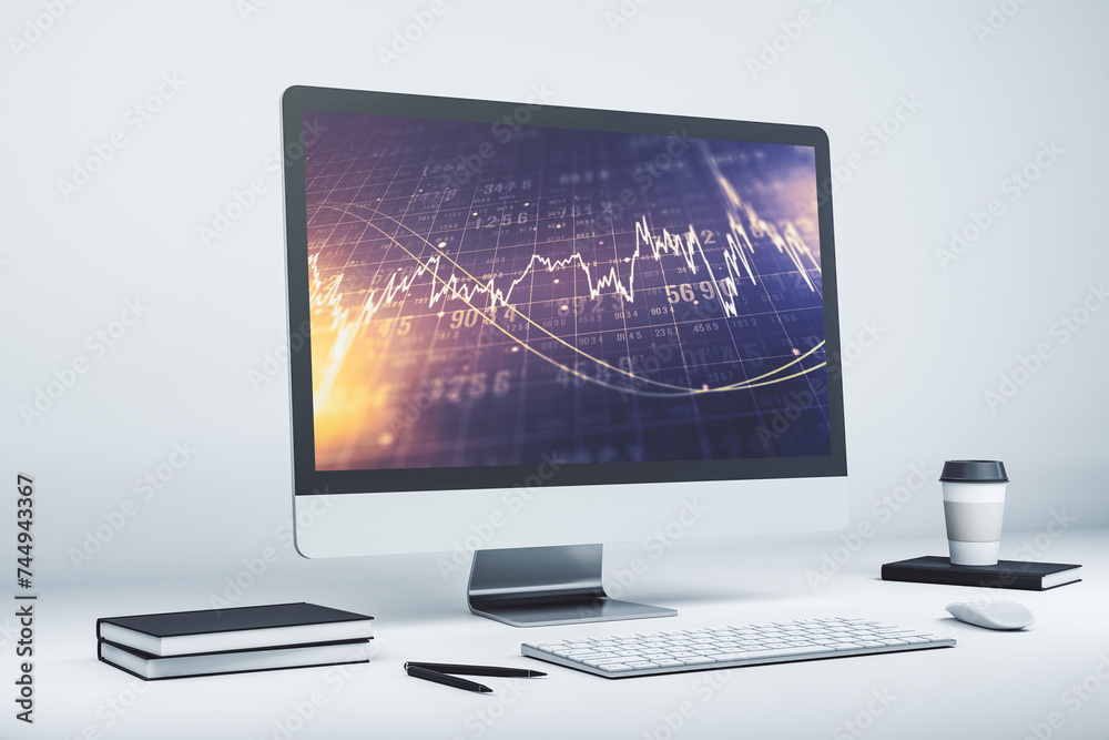 Poster modern computer screen with abstract financial diagram, banking and accounting concept. 3d rendering