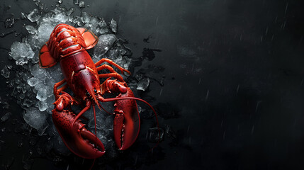 A beautiful red lobster lying on ice and on a black or dark background with space.  generative ai 