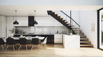 Open Plan Kitchen with Floating Stairs Design an open-plan kitchen with a seamless flow between cooking