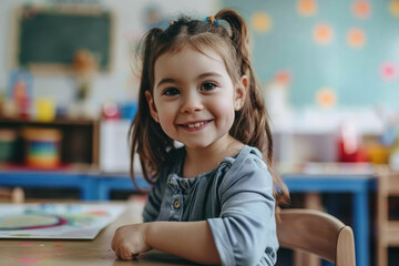 little girl smiling, sits at the table and painting in kindergarten