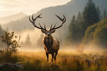 A bull elk bugling in a meadow in the early morning with its breath visible