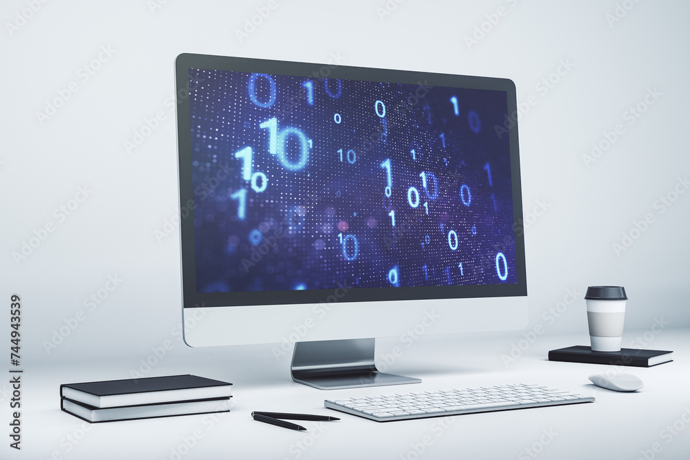 Aufkleber Modern computer monitor with creative abstract binary code hologram. Database and programming concept. 3D Rendering