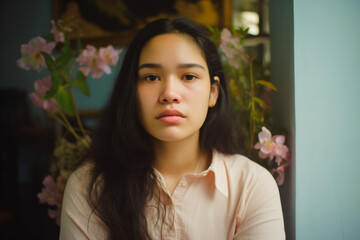 a candid portrait of a southeast asian woman with negative facial expression at home - obrazy, fototapety, plakaty