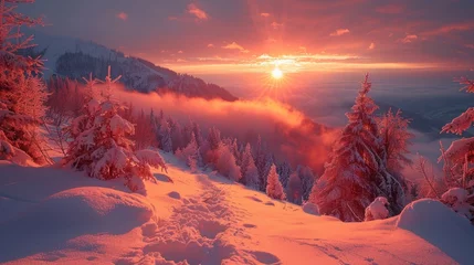 Fototapeten Colorful winter sunrise in the mountains. generate AI © muza