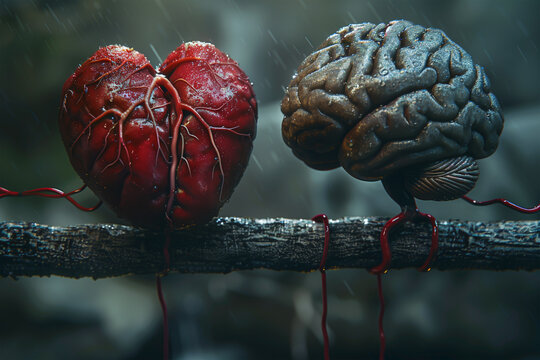 brain and a heart connected by a line, representing the balance between logic and emotion, or the mind and body connection