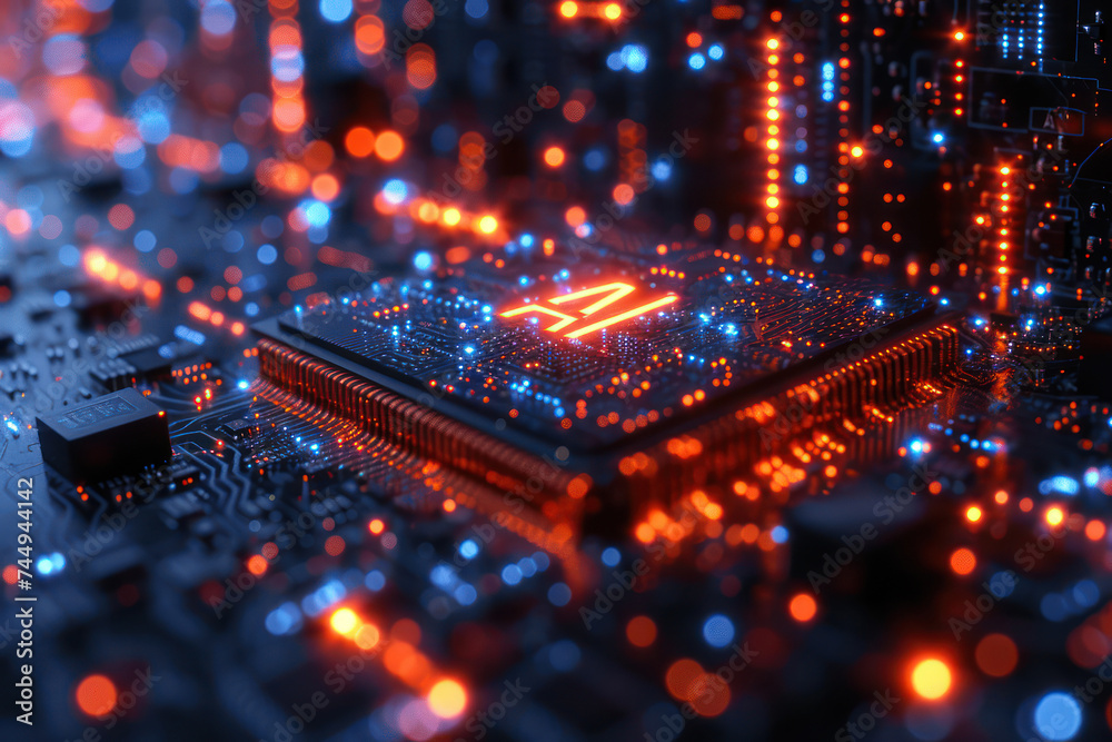 Aufkleber Computer Processor Microchip with AI Sign on a Glowing Circuit Board extreme closeup. Generative AI