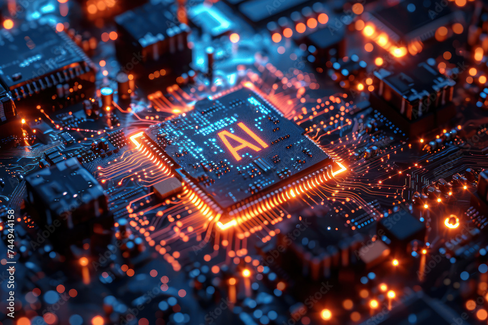 Fototapete Computer Processor Microchip with AI Sign on a Glowing Circuit Board extreme closeup. Generative AI
