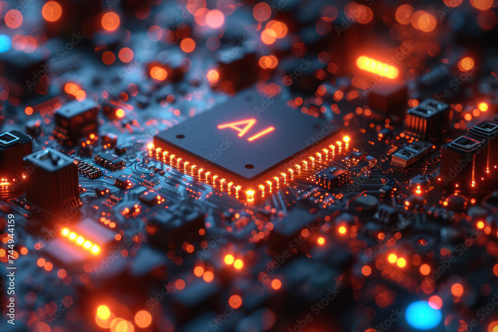 Aufkleber Computer Processor Microchip with AI Sign on a Glowing Circuit Board extreme closeup. Generative AI
